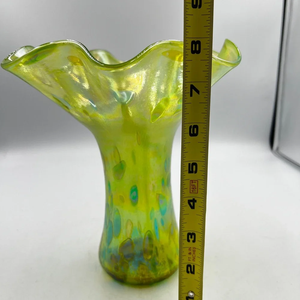 Glass Eye Studio Iridescent Hand Blown Art Glass Ruffle‎ Vase Green Blue